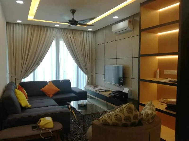 Living features: 3-seater fabric sofa in grey, yellow accent cushions, glass coffee table, wall-mounted TV, built-in shelving unit, recessed LED downlights, ceiling fan, curtains, air conditioning unit, decorative throw pillows; style: modern.