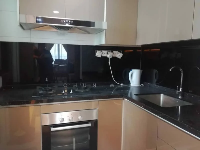 Kitchen features: black granite countertop, stainless-steel sink, chrome pull-down faucet, built-in oven, 4-burner gas hob, stainless-steel range hood, white kettle, multiple power outlets, white cabinetry, black tiled backsplash; style: modern.