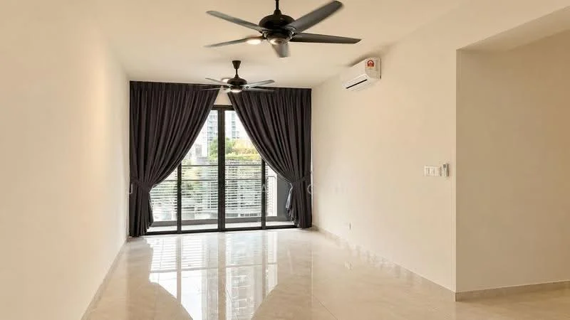 Living features: white painted walls, polished marble flooring, 5-blade ceiling fan with light, floor-to-ceiling windows, sliding glass door, sheer curtains, dark grey blackout curtains, wall-mounted split AC; style: modern; view: city.