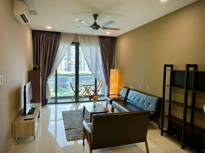 Living features: 3-seater leather sofa, 2-seater armchair, coffee table, TV console, wall-mounted TV, floor-to-ceiling windows, sheer curtains, dark wood shelving unit, ceiling fan with light, marble tile flooring, decorative floor lamp, potted plant, dining table with 2 chairs on balcony; style: modern; view: city.