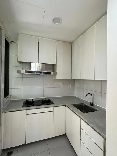 Kitchen features: light wood cabinetry, grey countertop, stainless-steel range hood, 2-burner gas hob, single-bowl stainless-steel sink, black gooseneck faucet, white tiled backsplash, grey tiled flooring, recessed ceiling lights; style: modern.