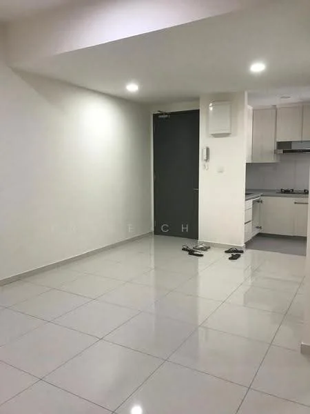 Room features: white painted walls, glossy ceramic tile flooring, recessed downlights, grey door, kitchen cabinetry, kitchen countertop, visible kitchen appliances, open layout; style: modern.