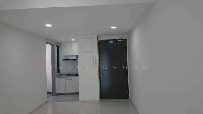 Room features: white painted walls, polished tile flooring, recessed downlights, black door, kitchen area with cabinets, kitchen countertop, gas stove, ventilation hood; style: modern.