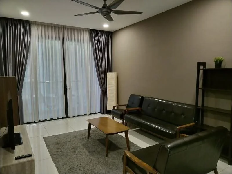 Living features: 3-seater leather sofa in black, 2-seater leather sofa in black, wooden coffee table, area rug in grey, floor-to-ceiling windows with sheer curtains, dark grey accent wall, white tiled flooring, ceiling fan with light; style: modern.