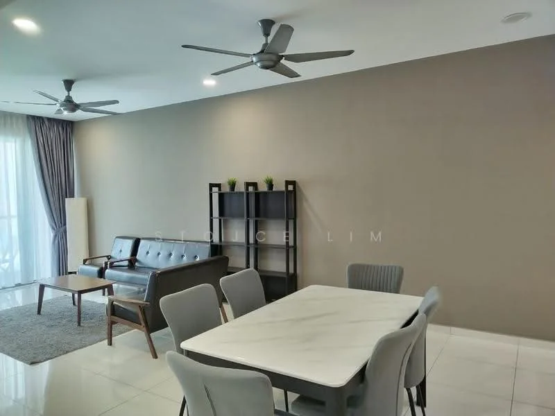 Living features: 3-seater fabric sofa in grey, wooden coffee table, TV console, area rug with geometric pattern, 6-seater dining table with marble top, upholstered dining chairs, 2 ceiling fans, floor-to-ceiling windows with sheer curtains, light grey painted walls, white tiled flooring, decorative plants on shelf; style: modern.