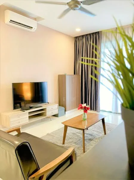 Living features: 3-seater leather sofa, wooden coffee table, TV console, wall-mounted TV, area rug, floor-to-ceiling windows, sheer curtains, wall-mounted split AC, ceiling fan, decorative plant, wooden cabinet, decorative vase with flowers; style: modern.