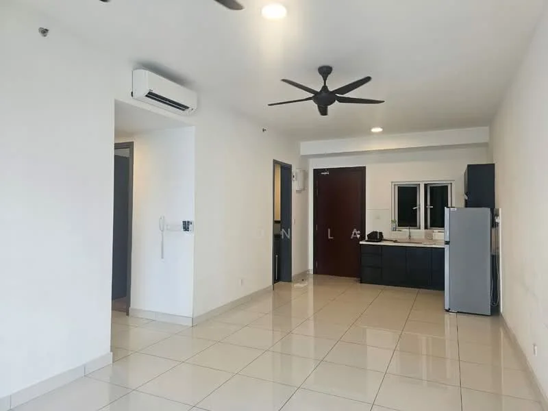Living features: white painted walls, glossy tile flooring, 5-blade ceiling fan, wall-mounted split AC, floor-to-ceiling window, refrigerator, black cabinetry, kitchen countertop, kitchen sink, light fixtures; style: modern. Room features: white painted walls, glossy tile flooring, doorway leading to another room.