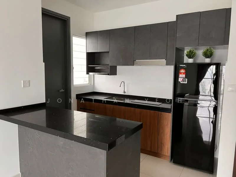 Kitchen features: black granite countertop, dark grey cabinetry, wooden lower cabinets, single-bowl stainless-steel sink, chrome pull-down faucet, built-in oven, stainless-steel fridge, tile backsplash, open shelving, window for natural light, neutral wall colour, light-coloured floor tiles; style: modern.