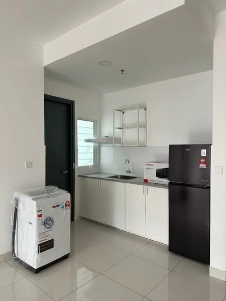 Kitchen features: white cabinetry, stainless-steel sink, chrome pull-down faucet, white tiled backsplash, black refrigerator, built-in microwave, countertop space, ceramic tile flooring, open shelving, window for natural light; style: modern.
