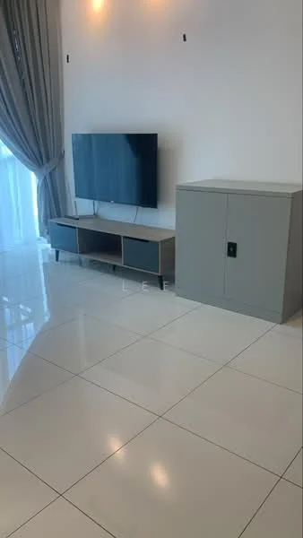 Living features: white painted walls, glossy white tile flooring, floor-to-ceiling windows, curtains, wall-mounted TV, TV console with storage, grey cabinet, recessed lighting; style: modern.