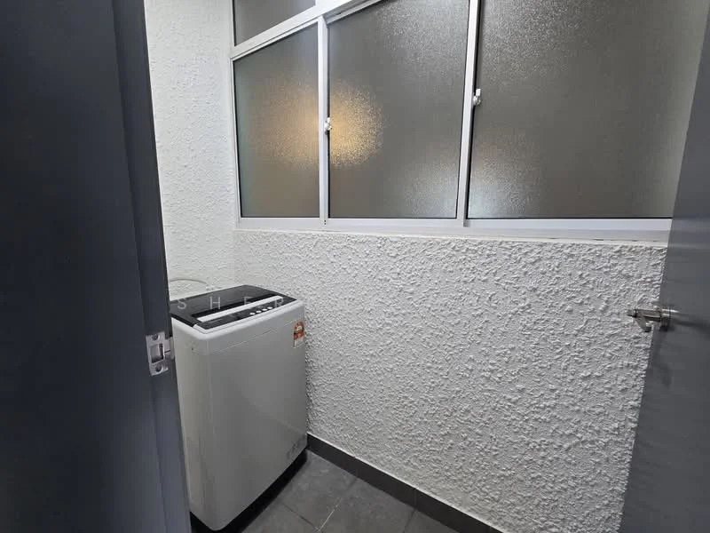 Laundry features: top-load washing machine, grey tiled flooring, textured white painted walls, frosted glass windows, single door, light fixture.