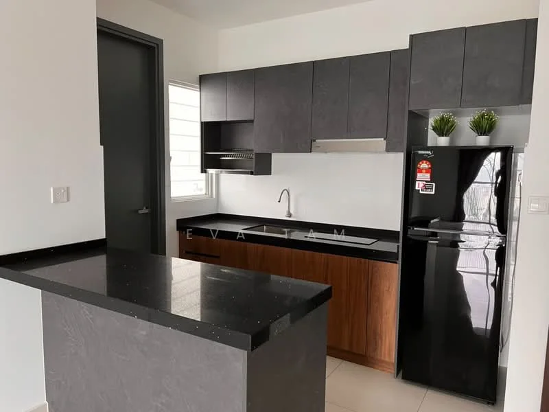 Kitchen features: black granite countertop, dark wood cabinetry, stainless-steel sink, chrome pull-down faucet, built-in oven, stainless-steel fridge, open shelving, tile backsplash, under-cabinet lighting, floor-to-ceiling window, light-colored wall, neutral tile flooring; style: modern.