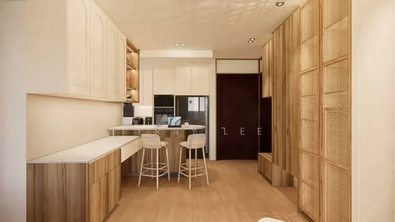 Kitchen features: white cabinetry with glass-front upper cabinets, wooden cabinetry, white countertop, stainless-steel built-in oven, stainless-steel fridge, 4-burner gas hob, bar seating with two stools, wooden paneling, light wood flooring, recessed downlights; style: modern.