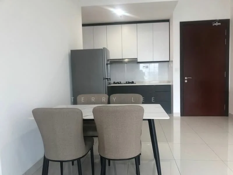 Kitchen features: grey cabinetry, white countertops, stainless-steel fridge, built-in gas stove, white tiled backsplash, ceramic tile flooring, recessed downlights, dining table with four chairs; style: modern.