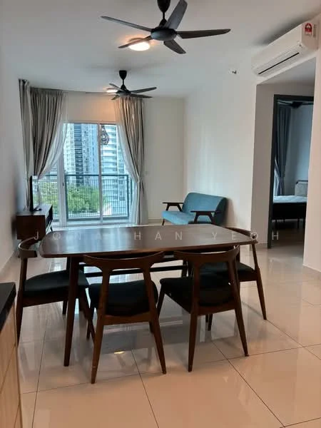 Dining features: 6-seater dining table, wooden dining chairs, pendant light, 2-blade ceiling fan, floor-to-ceiling windows, curtains, white painted walls, glossy tile flooring, air conditioning unit; style: modern; view: city. Living features: sofa, coffee table, wall-mounted TV, white painted walls, glossy tile flooring, 2-blade ceiling fan, air conditioning unit; style: modern; view: city.