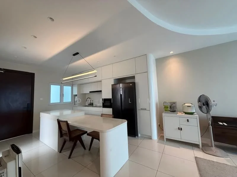 Kitchen features: white cabinetry, black refrigerator, white countertop, kitchen island with seating, stainless-steel sink, chrome faucet, built-in oven, ceramic tile flooring, recessed downlights, pendant light above island, wall-mounted cabinets, open shelving, window with natural light; style: modern.