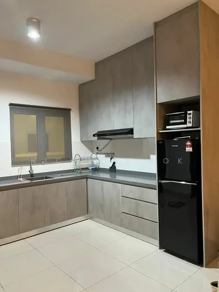 Kitchen features: grey laminate cabinetry, black refrigerator, built-in oven, stainless-steel sink, chrome pull-down faucet, black countertop, ceramic tile flooring, window with blinds, recessed ceiling light; style: modern.