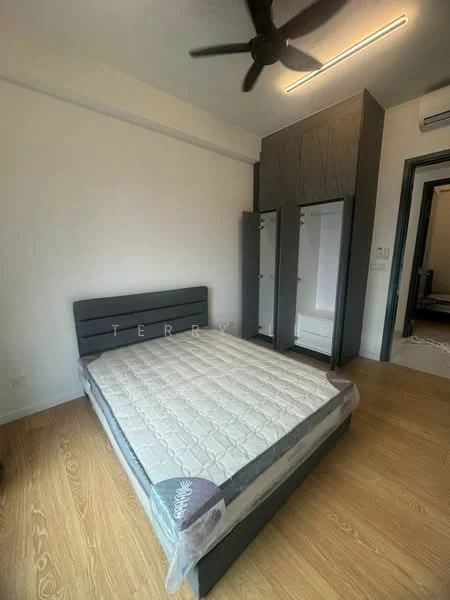 Bedroom features: queen-size bed frame, mattress without bedding, wooden flooring, ceiling fan, built-in wardrobe with mirrored doors, grey upholstered headboard, neutral wall color, window with curtain rod; style: modern.