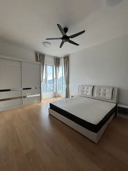 Bedroom features: queen-size bed, upholstered headboard, 5-blade ceiling fan, floor-to-ceiling windows, curtains, light wood flooring, built-in wardrobe, decorative wall, city view; style: modern; view: city.