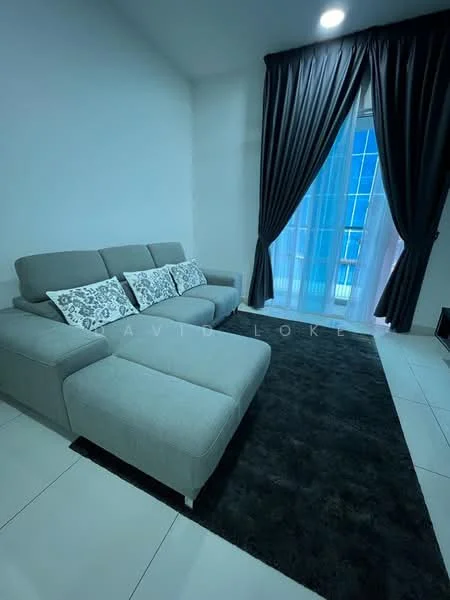 Living features: L-shape sectional sofa in grey, decorative cushions with floral pattern, black area rug, white painted walls, floor-to-ceiling windows, sheer curtains, blackout curtains, recessed downlights, tile flooring; style: modern; view: city.