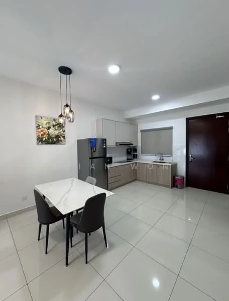 Kitchen features: white cabinets, marble dining table, 4 dining chairs, stainless-steel fridge, built-in oven, microwave, ceramic tile flooring, recessed downlights, window with roller blinds, kitchen countertop with wood finish, decorative wall art; style: modern.