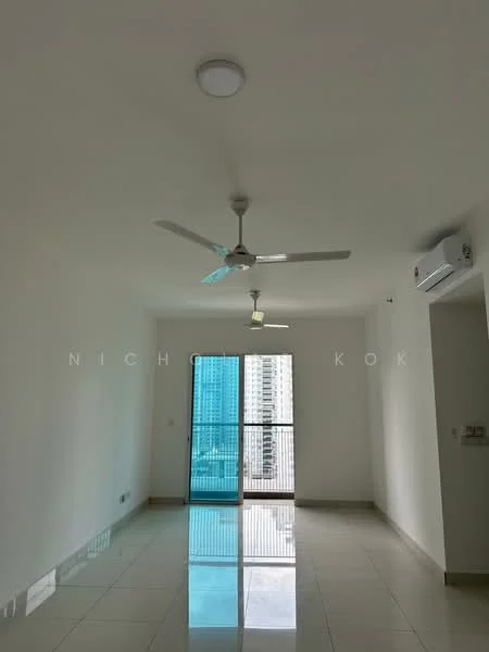Living features: white painted walls, polished ceramic tile flooring, 5-blade ceiling fan with light, sliding glass door, floor-to-ceiling windows, air conditioning unit, natural light from windows, neutral color scheme; style: modern; view: city.