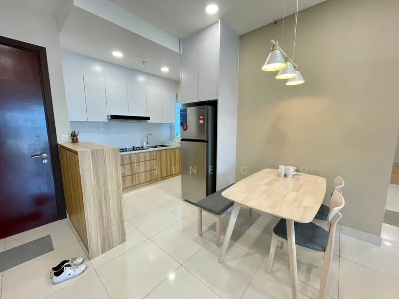 Kitchen features: white cabinetry, wooden lower cabinets, stainless-steel fridge, built-in gas stove, exhaust hood, white tiled backsplash, grey countertop, pendant lighting, dining table with 2 chairs, ceramic tile flooring, wall-mounted microwave, open shelving; style: modern.