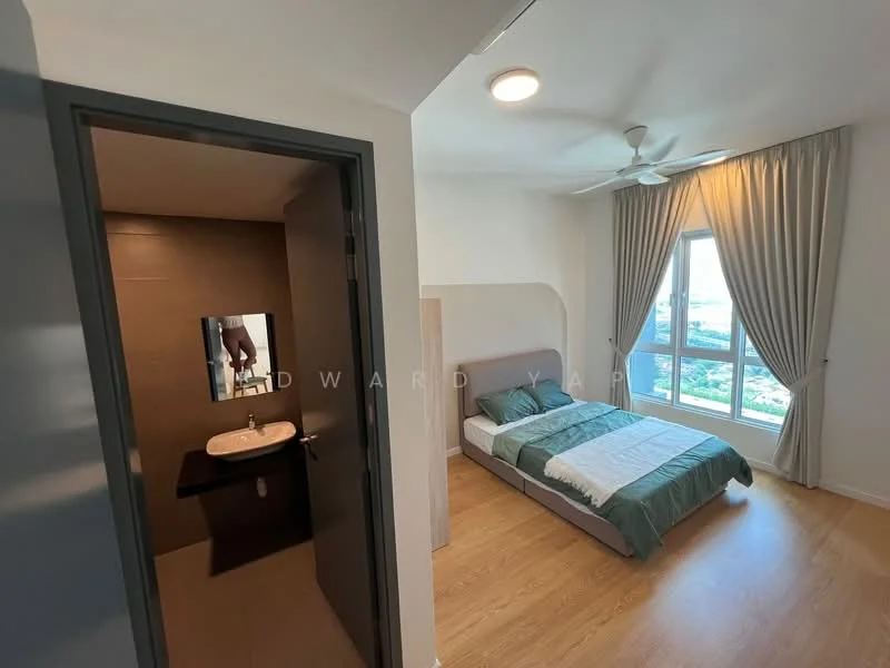 Bedroom features: queen-size bed with grey and white bedding, upholstered headboard, wooden flooring, floor-to-ceiling window, sheer curtains, 5-blade ceiling fan, decorative wall light, built-in wardrobe, area rug; style: modern; view: city. Bathroom features: wall-mounted sink, mirror above sink, dark tiled walls, light-colored flooring, modern faucet; style: modern.
