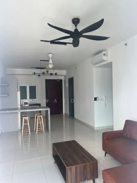 Living features: 5-blade ceiling fan in black, wall-mounted air conditioning unit, white painted walls, glossy tile flooring, brown leather sofa, wooden coffee table, open-plan layout, kitchen island with bar stools, recessed lighting, sliding glass door, kitchen cabinetry, countertop with bar seating; style: modern.