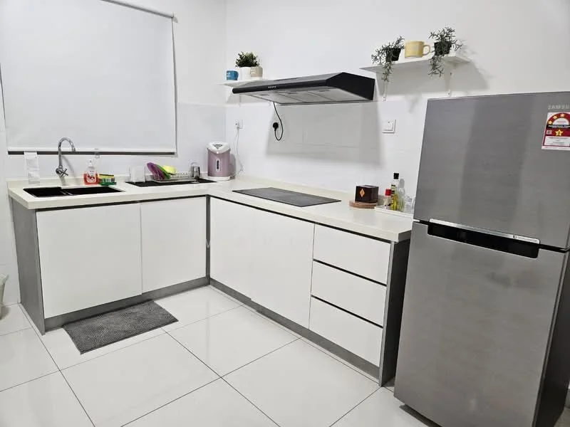 Kitchen features: white cabinetry with flat-panel doors, grey countertop, single-bowl stainless-steel sink, chrome pull-down faucet, built-in stove with exhaust hood, stainless-steel fridge, microwave, dish soap dispenser, kitchen towel, kitchen mat, wall-mounted shelves, window with roller blind; style: modern.