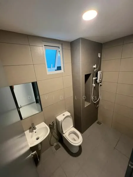 Bathroom features: grey tiled walls, light grey tiled flooring, single-sink vanity with mirror, chrome basin mixer, one-piece toilet, handheld shower, shower niche, window for natural light, wall-mounted hairdryer, recessed ceiling light; style: modern.