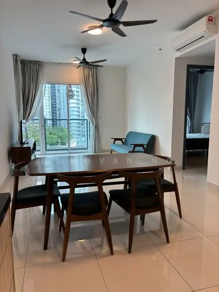 Dining features: 6-seater dining table, wooden dining chairs, pendant light, 2-blade ceiling fan, floor-to-ceiling windows, curtains, white painted walls, glossy tile flooring, sideboard, sofa, view of city skyline; style: modern; view: city.