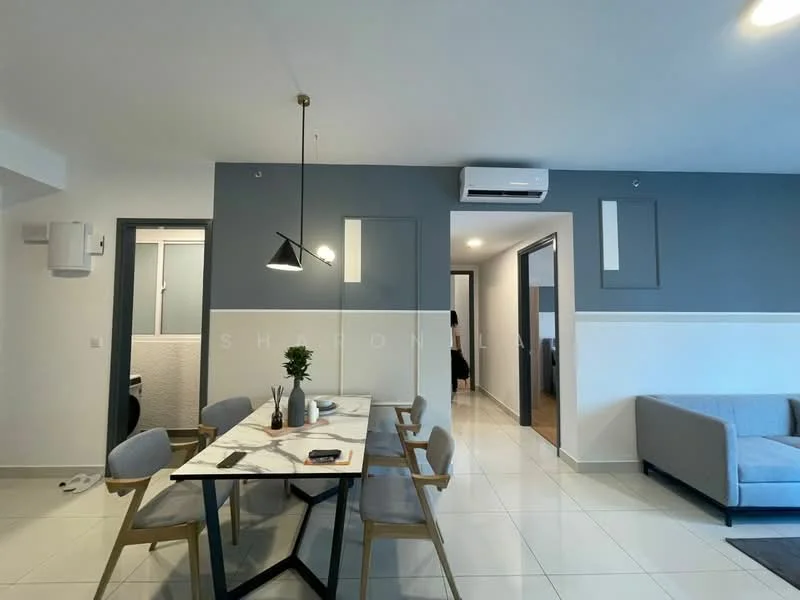 Dining features: 6-seater dining table with marble top, wooden dining chairs, pendant lamp, wall-mounted split AC, grey accent wall, white painted walls, floor-to-ceiling windows, tile flooring, decorative plant on table; style: modern. Living features: L-shape sectional sofa in grey, coffee table, wall-mounted TV, tile flooring, white painted walls, grey accent wall, recessed downlights; style: modern. Room features: doorway leading to other rooms, light fixture, neutral color scheme.