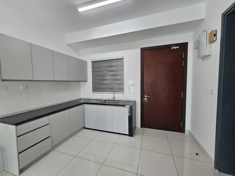 Kitchen features: grey laminate cabinetry, white lower cabinets, black granite countertop, single-bowl stainless-steel sink, chrome pull-down faucet, white tiled backsplash, window with roller blinds, recessed LED downlights, ceramic tile flooring, door with handle, wall-mounted electrical panel; style: modern.