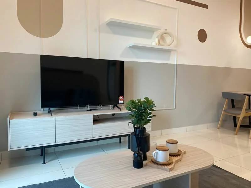 Living features: white painted walls, grey accent wall, flat-panel light wood TV console, black flat-screen TV, decorative wall shelves, round decorative object on shelf, white ceramic plant pot, green plant, wooden coffee table, two white ceramic cups, wooden tray, white floor tiles, dining area visible in background; style: modern.