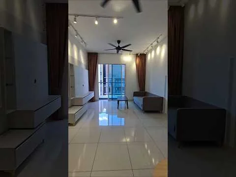 Living features: white painted walls, glossy tile flooring, 5-blade ceiling fan, recessed LED downlights, floor-to-ceiling windows, sliding glass door, curtains, two grey fabric sofas, coffee table, TV console; style: modern; view: city.