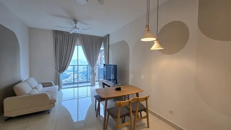 Living features: 3-seater fabric sofa in white, coffee table, wall-mounted TV, floor-to-ceiling windows, sheer curtains, recessed downlights, ceiling fan, dining table with 4 wooden chairs, white painted walls, glossy tile flooring; style: modern; view: city.