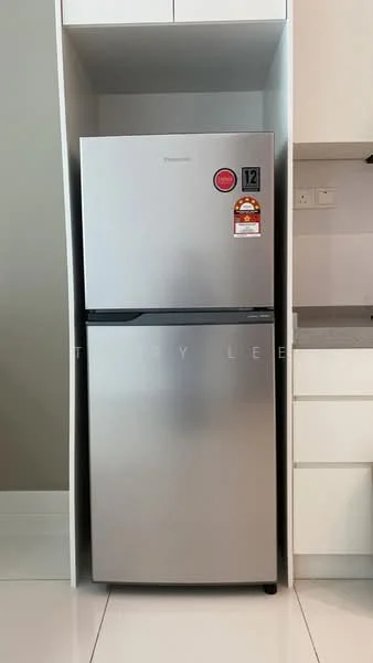 Kitchen features: stainless-steel fridge, white cabinetry, white countertop, ceramic tile flooring, built-in cabinetry, modern design; style: modern.
