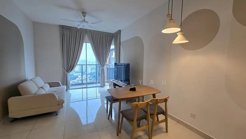 Living features: 3-seater fabric sofa in light beige, wood dining table, 2 dining chairs, floor-to-ceiling windows, curtains, ceiling fan, wall-mounted TV, glossy tile flooring, decorative wall with curved design, light fixtures; style: modern; view: city.