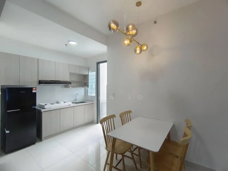 Kitchen features: light wood cabinetry, white countertop, stainless-steel sink, chrome faucet, built-in gas stove, exhaust hood, black refrigerator, white tiled flooring, recessed lighting, pendant light fixture, dining table with two chairs; style: modern.