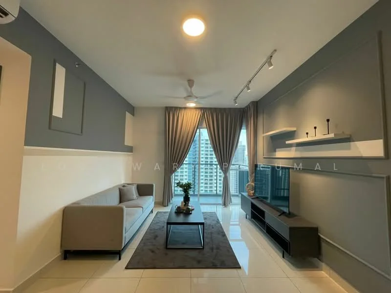 Living features: 3-seater fabric sofa in beige, coffee table, TV console, wall-mounted TV, area rug with geometric pattern, floor-to-ceiling windows, curtains in grey, ceiling fan, recessed downlights, white painted walls, grey accent wall, polished tile flooring; style: modern; view: city.