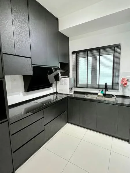 Kitchen features: black cabinetry, black countertop, white tiled backsplash, single-bowl stainless-steel sink, matte-black gooseneck faucet, built-in microwave, integrated range hood, ceramic tile flooring, window with black blinds, recessed lighting; style: modern.