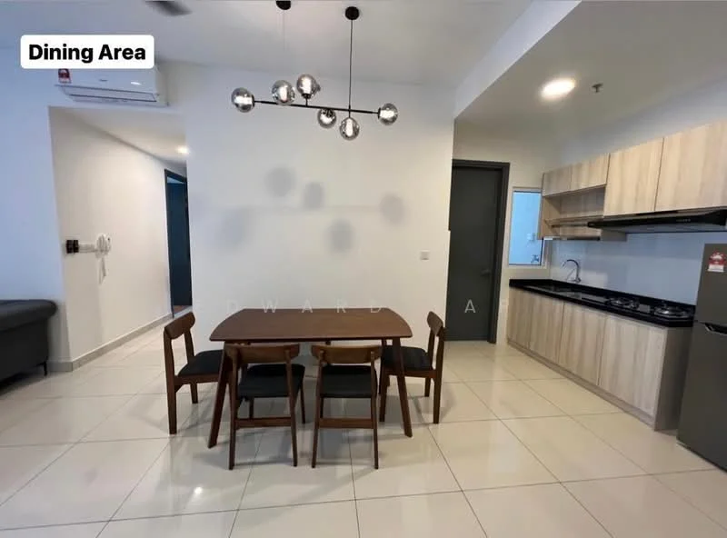 Dining features: 6-seater dining table, wooden dining chairs, pendant light fixture with multiple bulbs, white walls, tile flooring, air conditioning unit on wall, kitchen cabinetry with wood finish, black countertop, built-in gas stove, stainless-steel sink, open layout to kitchen, doorway leading to hallway; style: modern.
