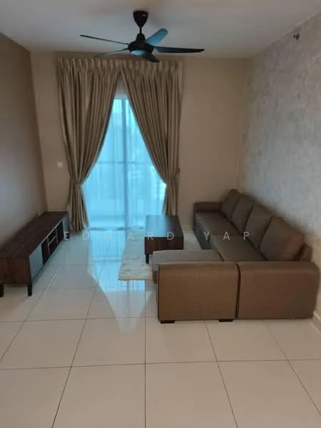 Living features: 3-seater fabric sofa in beige, coffee table, TV console, floor-to-ceiling windows, sheer curtains, cream painted walls, light-colored tile flooring, ceiling fan with light, area rug; style: modern.