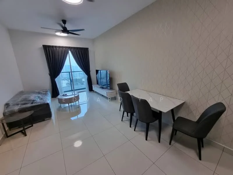 Living features: grey fabric sofa, coffee table, TV console, wall-mounted TV, dining table with white top, 4 black upholstered dining chairs, floor-to-ceiling windows, black curtains, white painted walls, glossy tile flooring, ceiling fan with light, decorative wall pattern; style: modern; view: city.