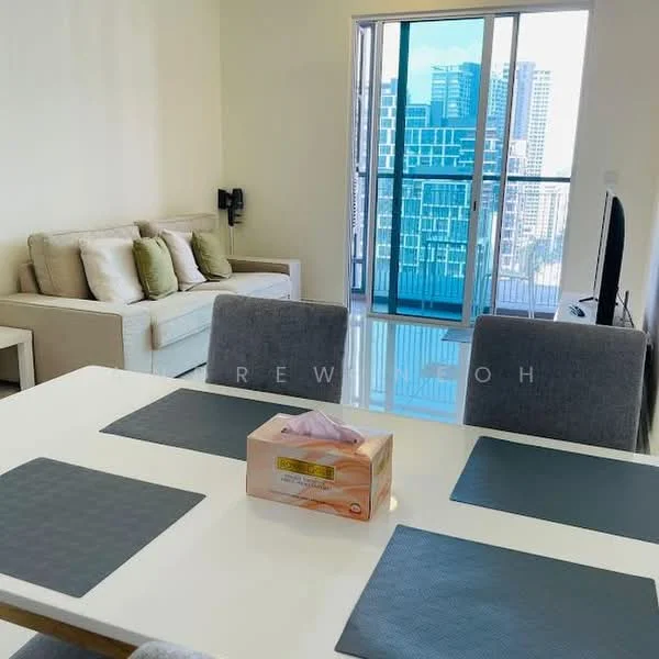 Dining features: white dining table, 4 grey upholstered dining chairs, tissue box on table, floor-to-ceiling windows, city view, light-coloured walls, glossy tile flooring, sofa in background, decorative cushions on sofa; style: modern; view: city.