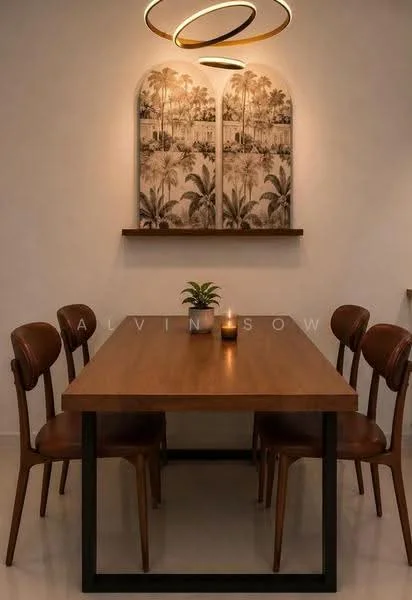 Dining features: wooden dining table, 4 wooden dining chairs, pendant light fixture, decorative wall art with palm trees, shelf with decorative items, plant on the table, candle on the table, cream painted walls, polished tile flooring; style: modern.