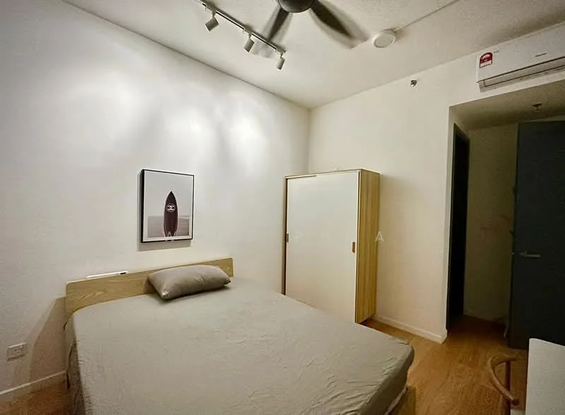 Bedroom features: queen-size bed with beige bedding, wooden bed frame, framed artwork on wall, white painted walls, wooden flooring, ceiling fan, wall-mounted air conditioning unit, built-in wardrobe with sliding doors, recessed lighting; style: modern.