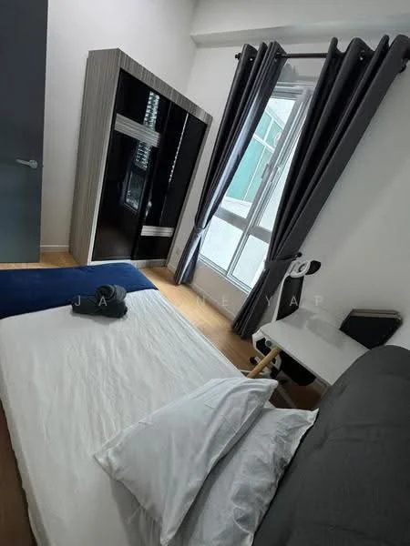 Bedroom features: queen-size bed with white bedding, upholstered headboard, wooden flooring, floor-to-ceiling window, grey curtains, built-in wardrobe with sliding doors, study desk, chair, decorative wall art; style: modern.