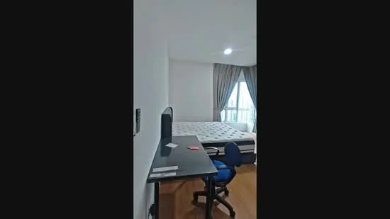 Bedroom features: queen-size bed, wooden flooring, white painted walls, floor-to-ceiling window, curtains, study desk, office chair, recessed downlights; style: modern; view: city.